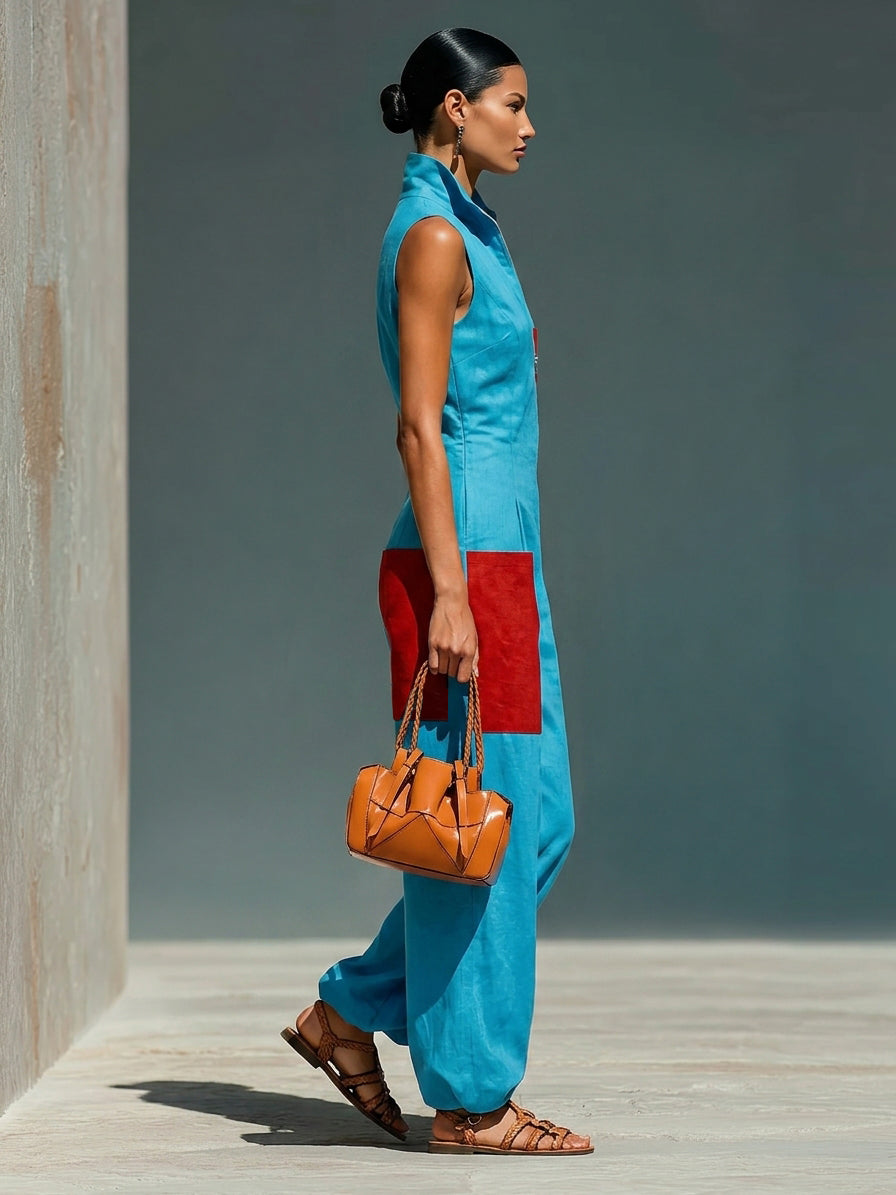 Women’s Blue Linen-Blend Sleeveless Jumpsuit With Red Patch Pockets & Half-Zip Stand Collar