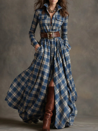 Retro Ethnic Style Lapel Reddish Brown Plaid Maxi Dress