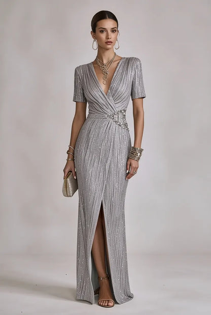 Chic Silver V Neck Zircon Slim Fit Long Dresses Summer