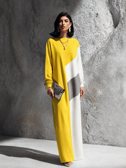 Women's Modern Elegant Yellow White Cotton Blend Color-Block Round Neck Long Maxi Dress