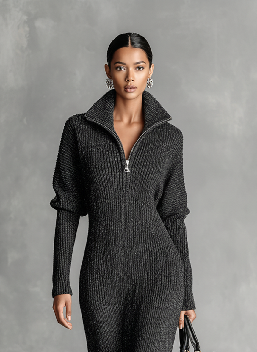 Women's Minimalist Solid Color Zipper Neck Knitted Maxi Dress