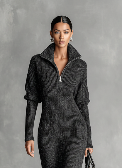 Women's Minimalist Solid Color Zipper Neck Knitted Maxi Dress