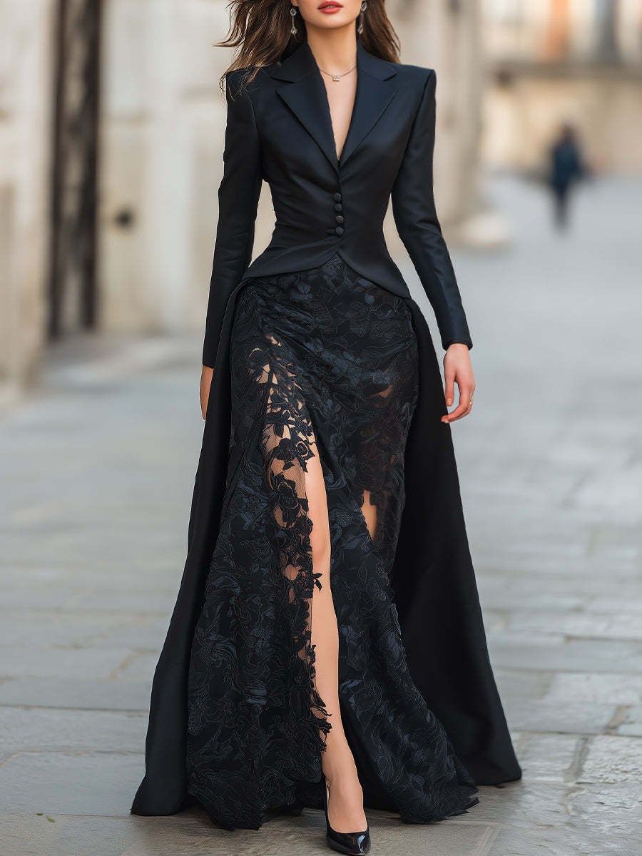 Long-Sleeved Elegant Lace Suit Collar Two-Piece Dress