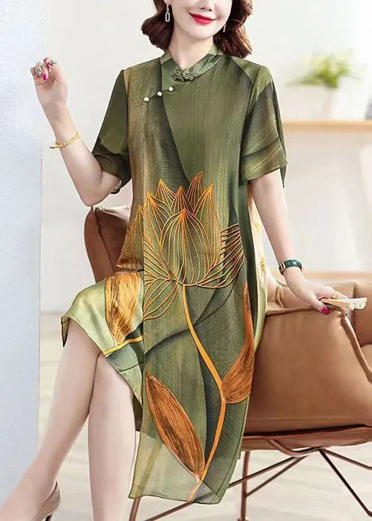 Classy Green Stand Collar Lotus Print Patchwork Silk Dress Summer