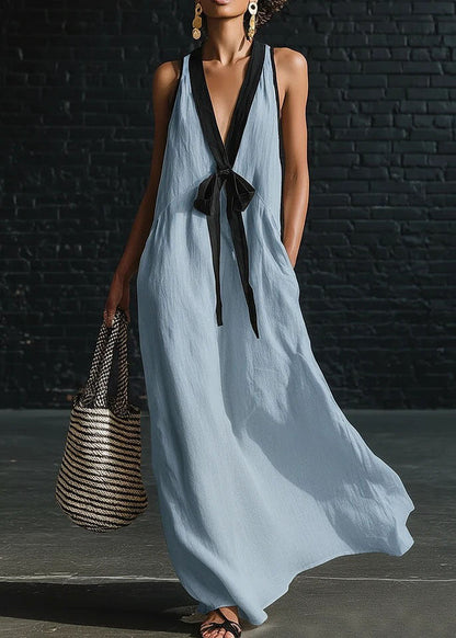 Casual Loose White V Neck Patchwork Cotton Dresses Sleeveless