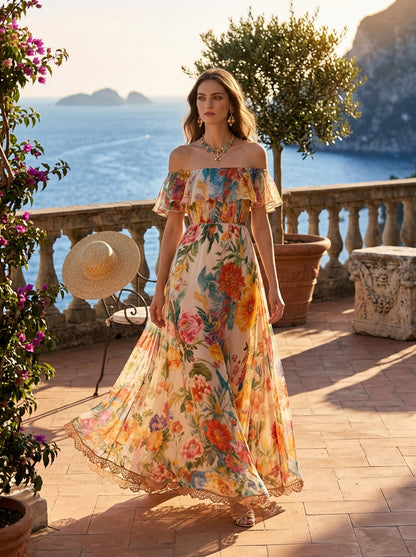 Bohemian Khaki Cold Shoulder Print Chiffon Long Dress Summer