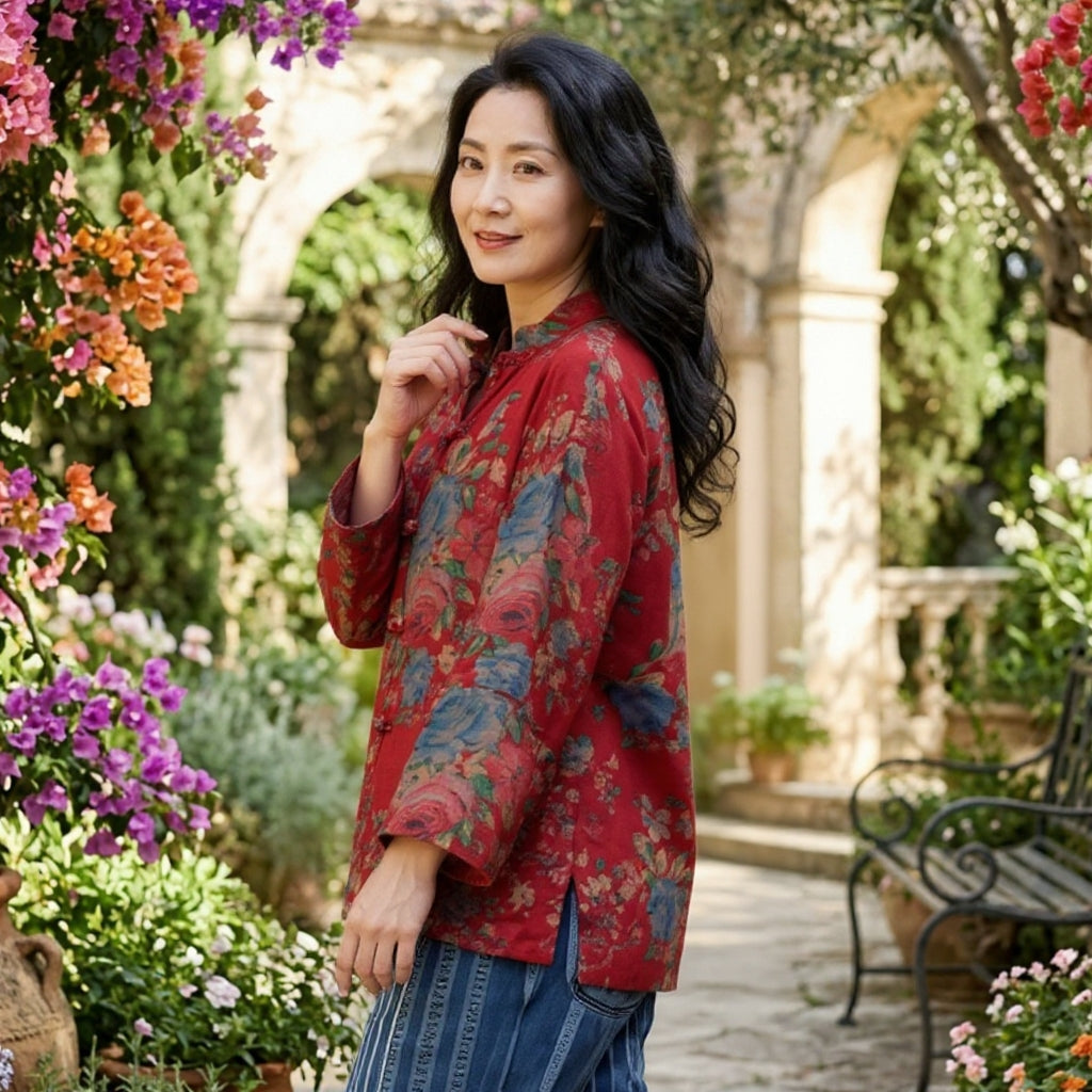 Chinese Style Red Print Pockets Button Patchwork Cotton Coats Long Sleeve