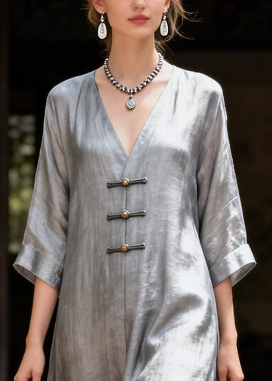 Classy Grey V Neck Chinese Button Side Open Silk Long Dress Summer