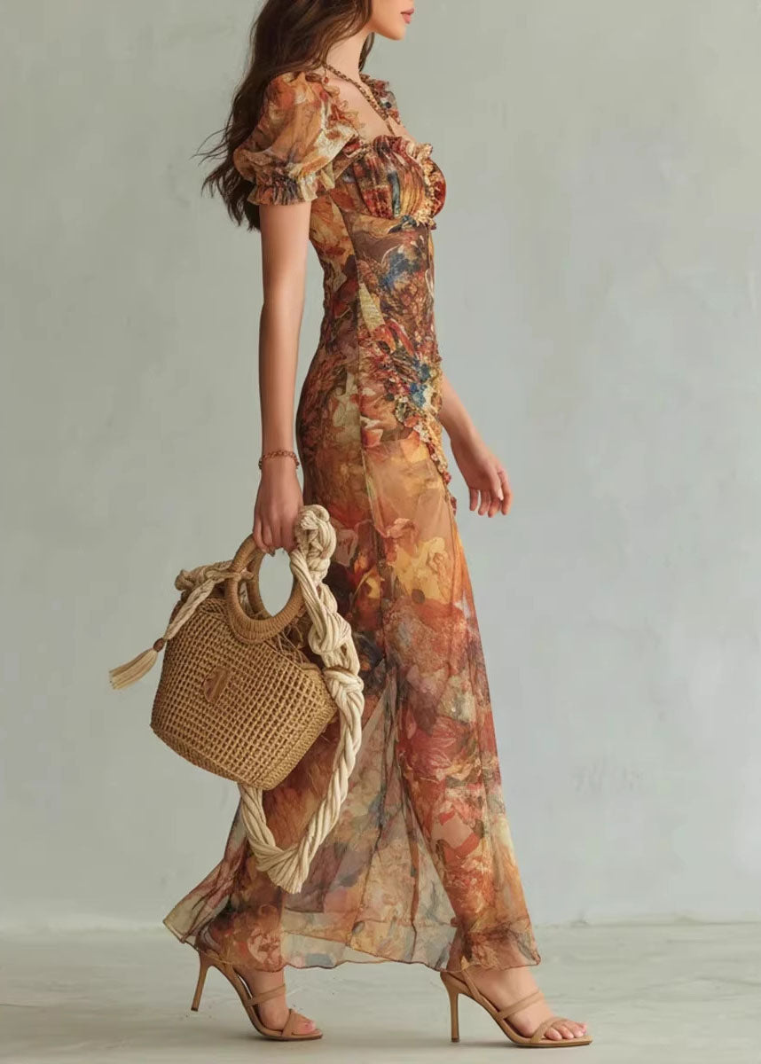 2026 New V-Neck Ruffle Print Side Open Chiffon Dress Summer