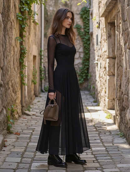 Style Black O Neck Patchwork Exra Large Hem Chiffon Dress Summer