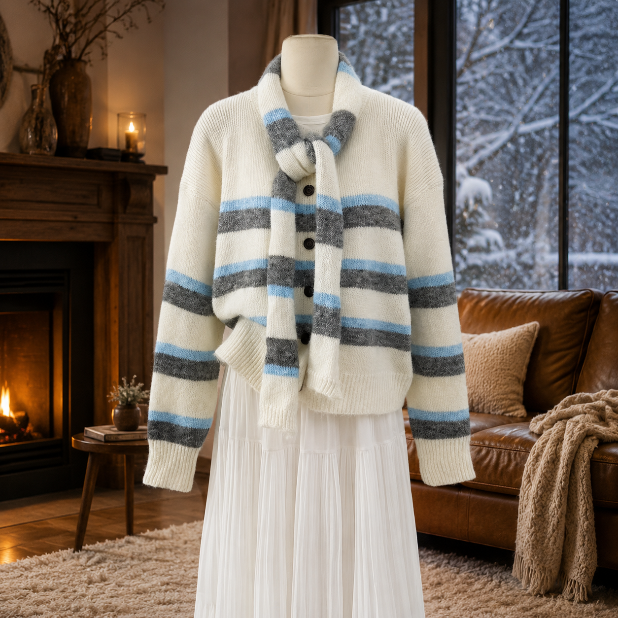 Women's Striped Wool Cardigan with Scarf – Relaxed-Fit Button-Front Knit Sweater