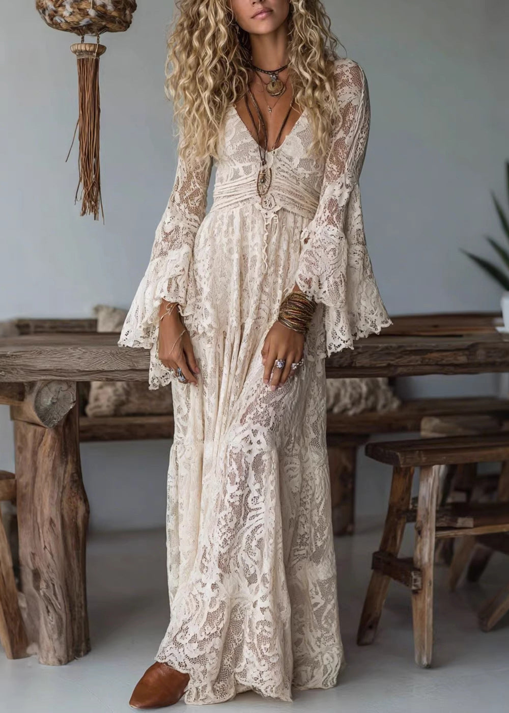 French Apricot V Neck Ruffled Lace Long Dresses