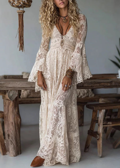 French Apricot V Neck Ruffled Lace Long Dresses