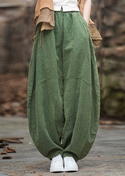 Original Green Pockets Elastic Waist Patchwork Linen Pants Summer