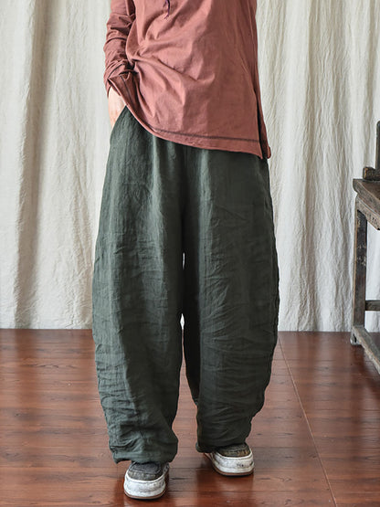 Women Spring Casual Solid Loose Elastic Waist Linen Pants