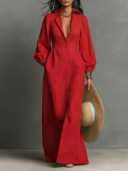 Women's Minimalist Single-breasted Long-sleeve Maxi Dress With A Fitted Waist