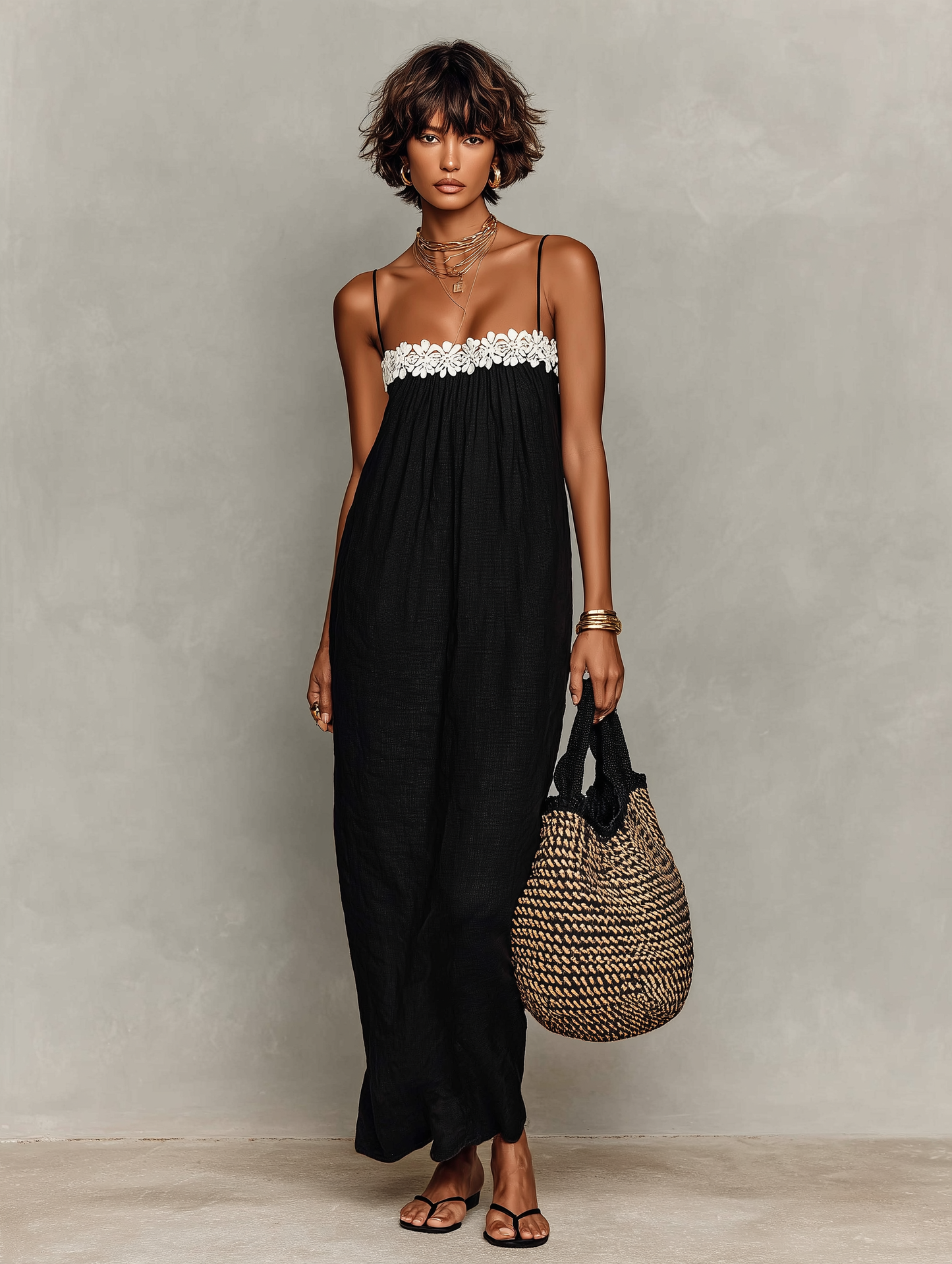 Women's Minimalist Linen-Blend Lace-Paneled Strapless With Spaghetti Straps Maxi Dress