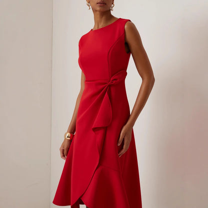 Sleeveless Red Elegant Dress Round Neck