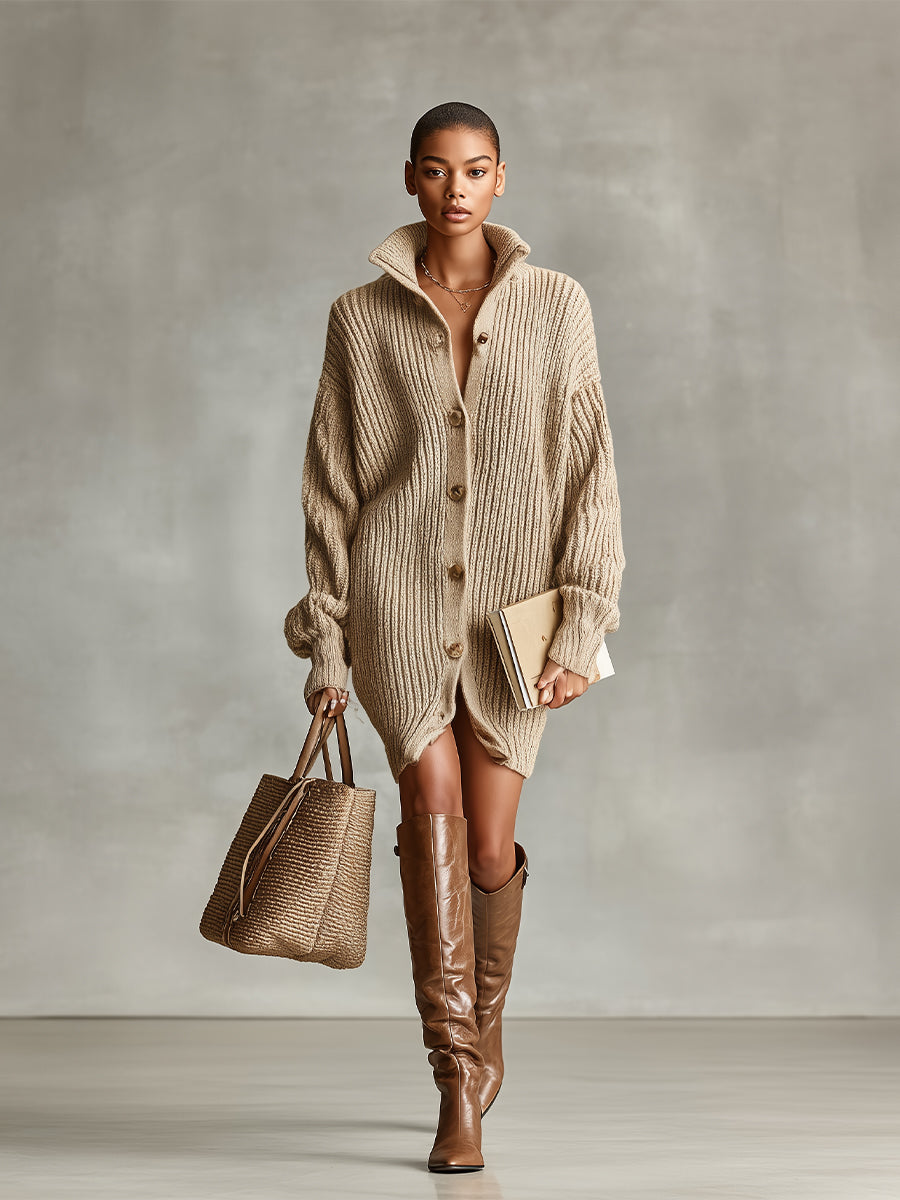 Women's Camel Elegant Button - Front Oversized Mini Cardigan Dress