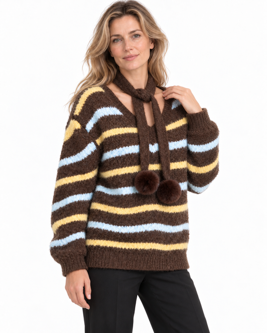 Women's Striped Wool Sweater – Collared Button-Neck Knit Pullover