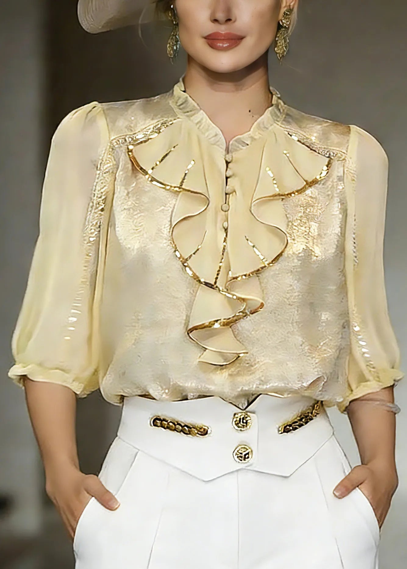 Beautiful Yellow Stand Collar Ruffled Chiffon Shirt Summer