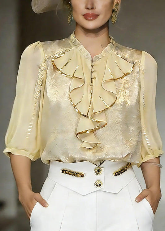 Beautiful Yellow Stand Collar Ruffled Chiffon Shirt Summer