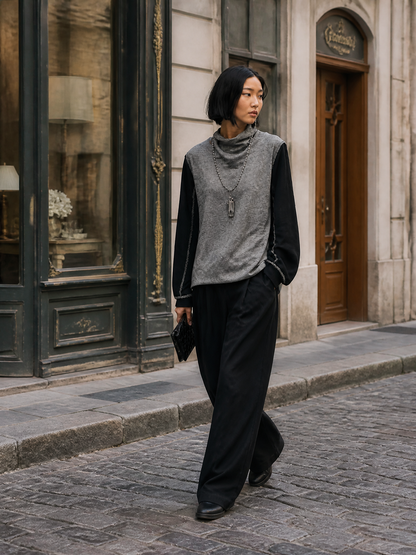 Women's Casual Knit-Panelled Funnel-Neck Top
