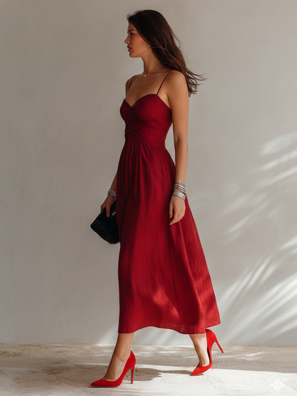Women’s Minimalist Linen-Blend Ruched Spaghetti Strap Midi Dress