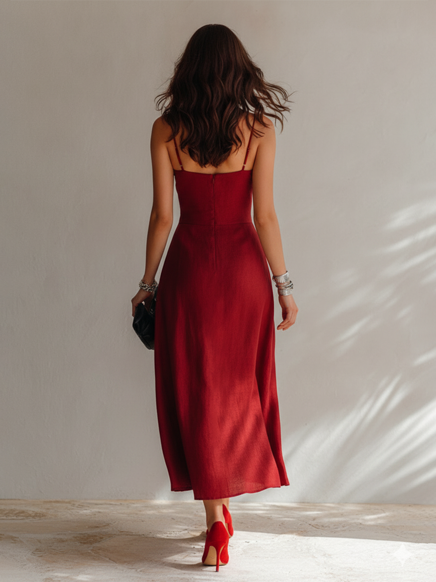 Women’s Minimalist Linen-Blend Ruched Spaghetti Strap Midi Dress