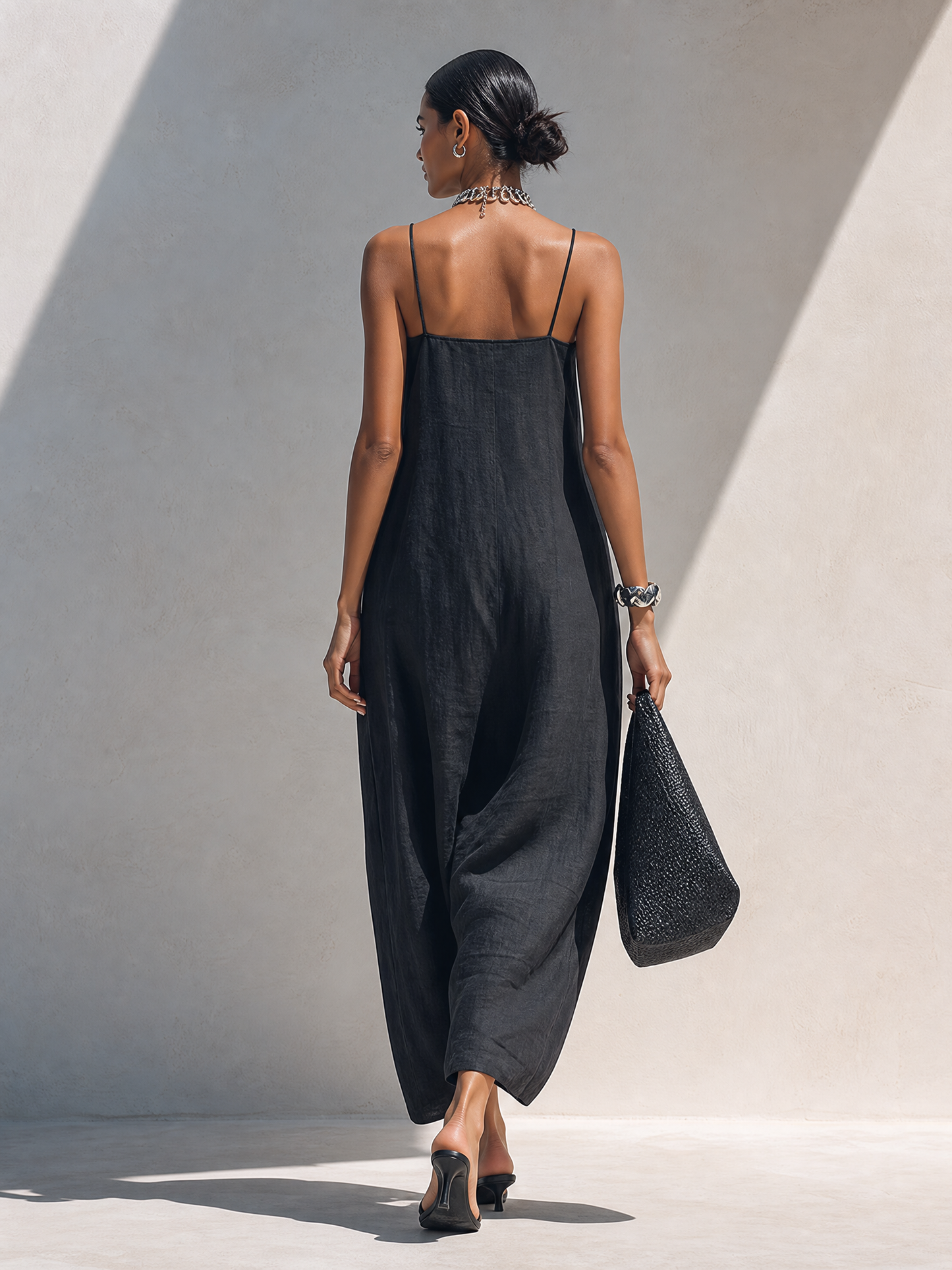 Women's Minimalist Solid Black Ruffle-Neck Maxi Dress With Spaghetti Straps