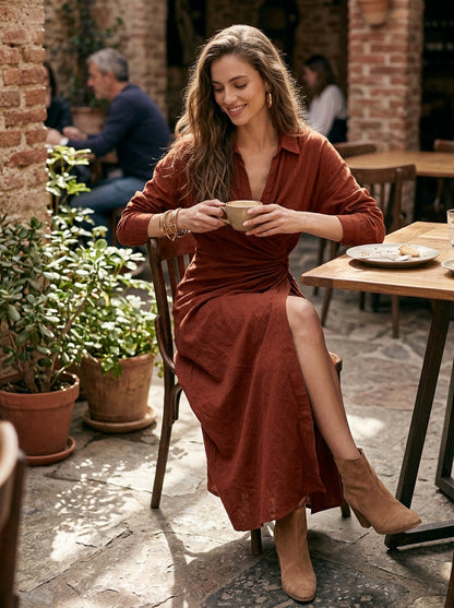 Women's Minimalist Collared Pleated Long-Sleeve Midi Dress