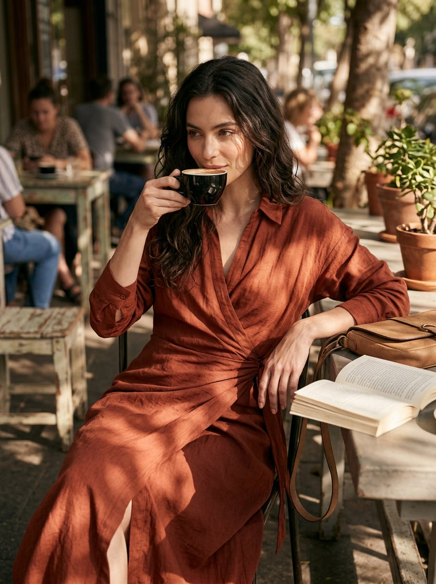 Women's Minimalist Collared Pleated Long-Sleeve Midi Dress