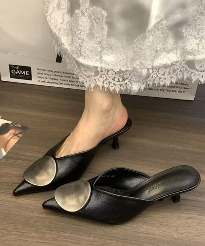 Black Faux Leather Splicing High Heels Slide Sandals Pointed Toe