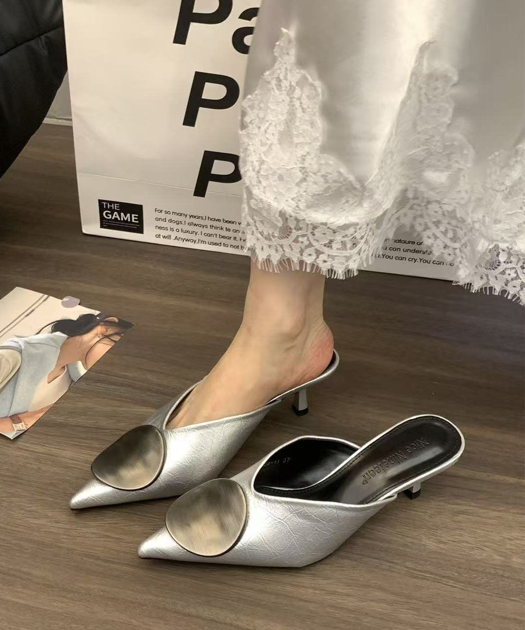 Black Faux Leather Splicing High Heels Slide Sandals Pointed Toe