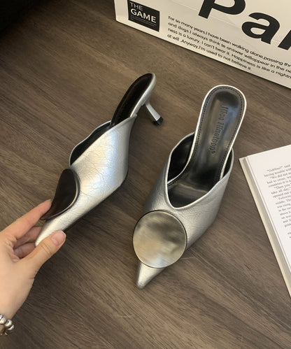 Black Faux Leather Splicing High Heels Slide Sandals Pointed Toe
