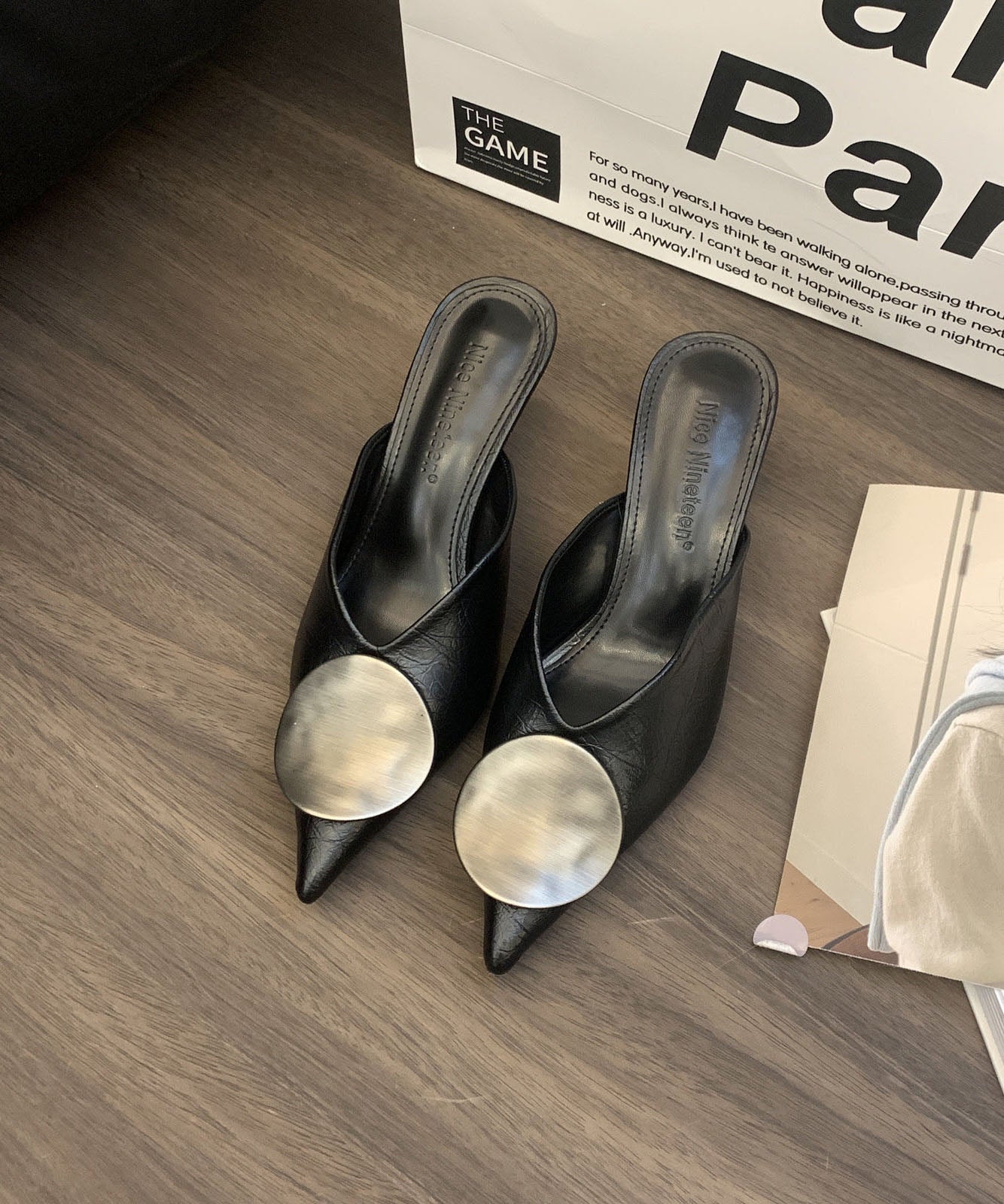 Black Faux Leather Splicing High Heels Slide Sandals Pointed Toe
