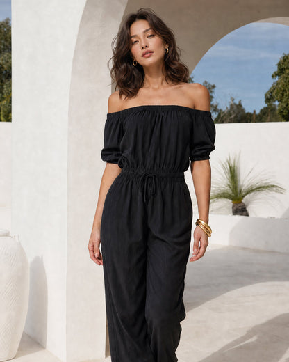 Women's Casual Black Woven Off-Shoulder Sleeveless Jumpsuit