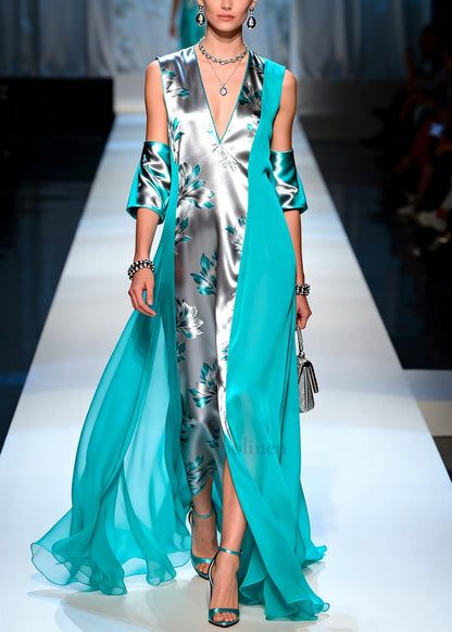 Casual Grey Asymmetrical Patchwork Silk Maxi Dresses Summer