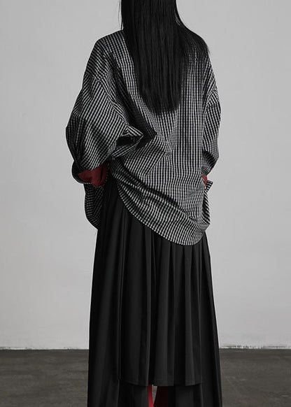 Chic Black Peter Pan Collar Plaid Button Cotton Shirts Spring