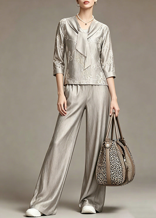 Elegant Grey Print Top And Wide Leg Pants Two Piece Set Spring