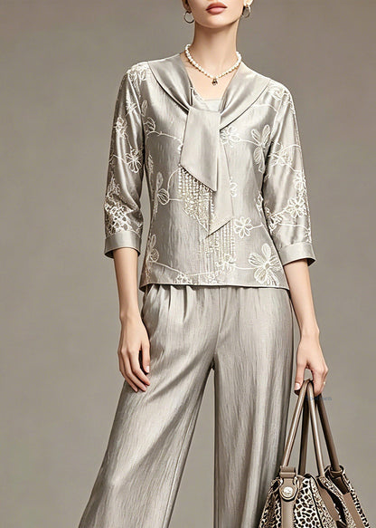 Elegant Grey Print Top And Wide Leg Pants Two Piece Set Spring