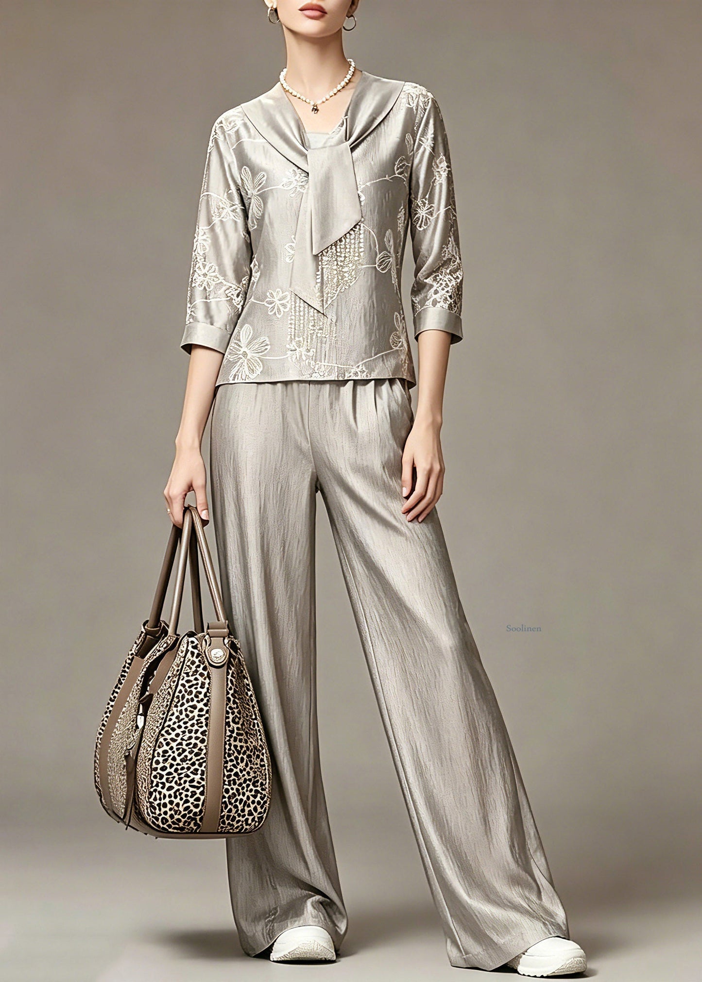 Elegant Grey Print Top And Wide Leg Pants Two Piece Set Spring