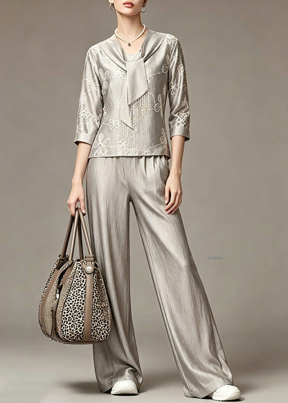 Elegant Grey Print Top And Wide Leg Pants Two Piece Set Spring