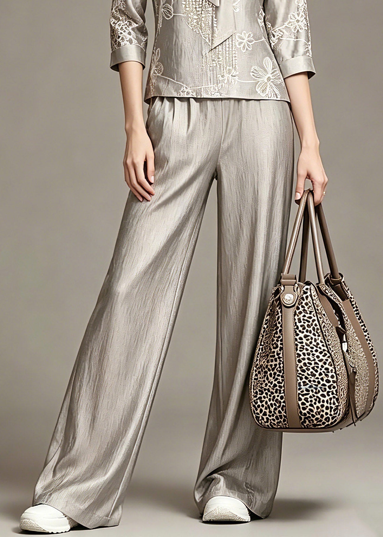 Elegant Grey Print Top And Wide Leg Pants Two Piece Set Spring