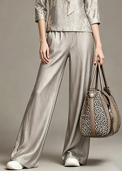 Elegant Grey Print Top And Wide Leg Pants Two Piece Set Spring