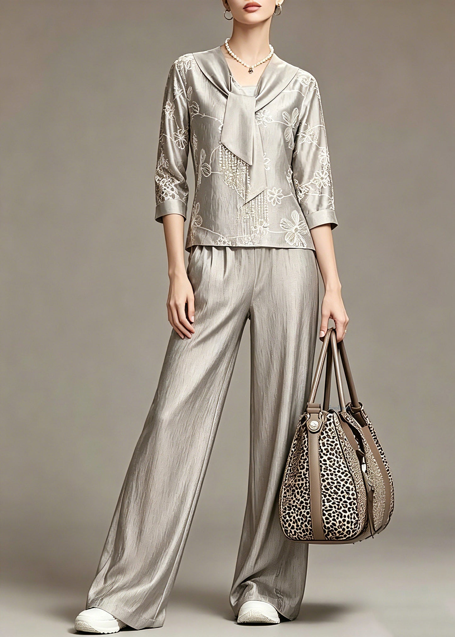 Elegant Grey Print Top And Wide Leg Pants Two Piece Set Spring