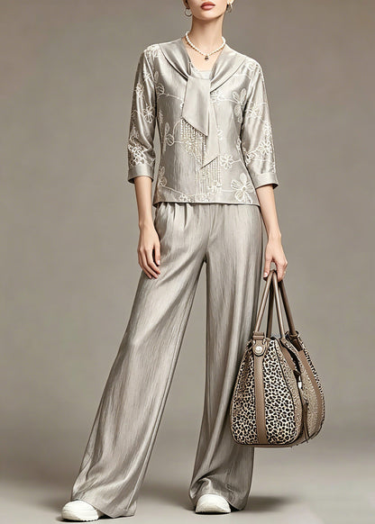 Elegant Grey Print Top And Wide Leg Pants Two Piece Set Spring