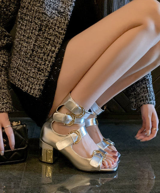 Fashion Silver Cowhide Leather Hollow Out Splicing Sandals