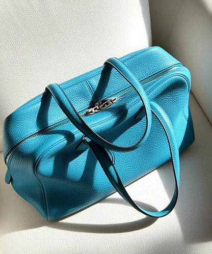 Fine Sea Blue Zippered Large Capacity Leather Tote Handbag