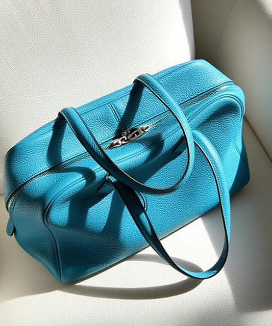 Fine Sea Blue Zippered Large Capacity Leather Tote Handbag